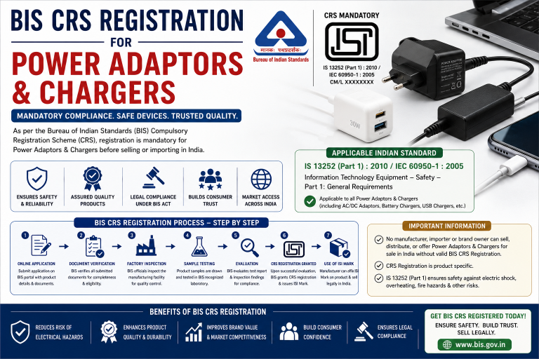 BIS CRS Registration for Power Adaptors & Chargers in India: IS 13252 / IS 62368-1 and the Complete Compliance Process