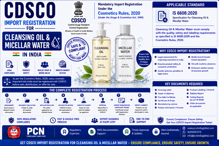 CDSCO Import Registration for Cleansing Oil & Micellar Water in India: Standards, Documents and the Complete Process