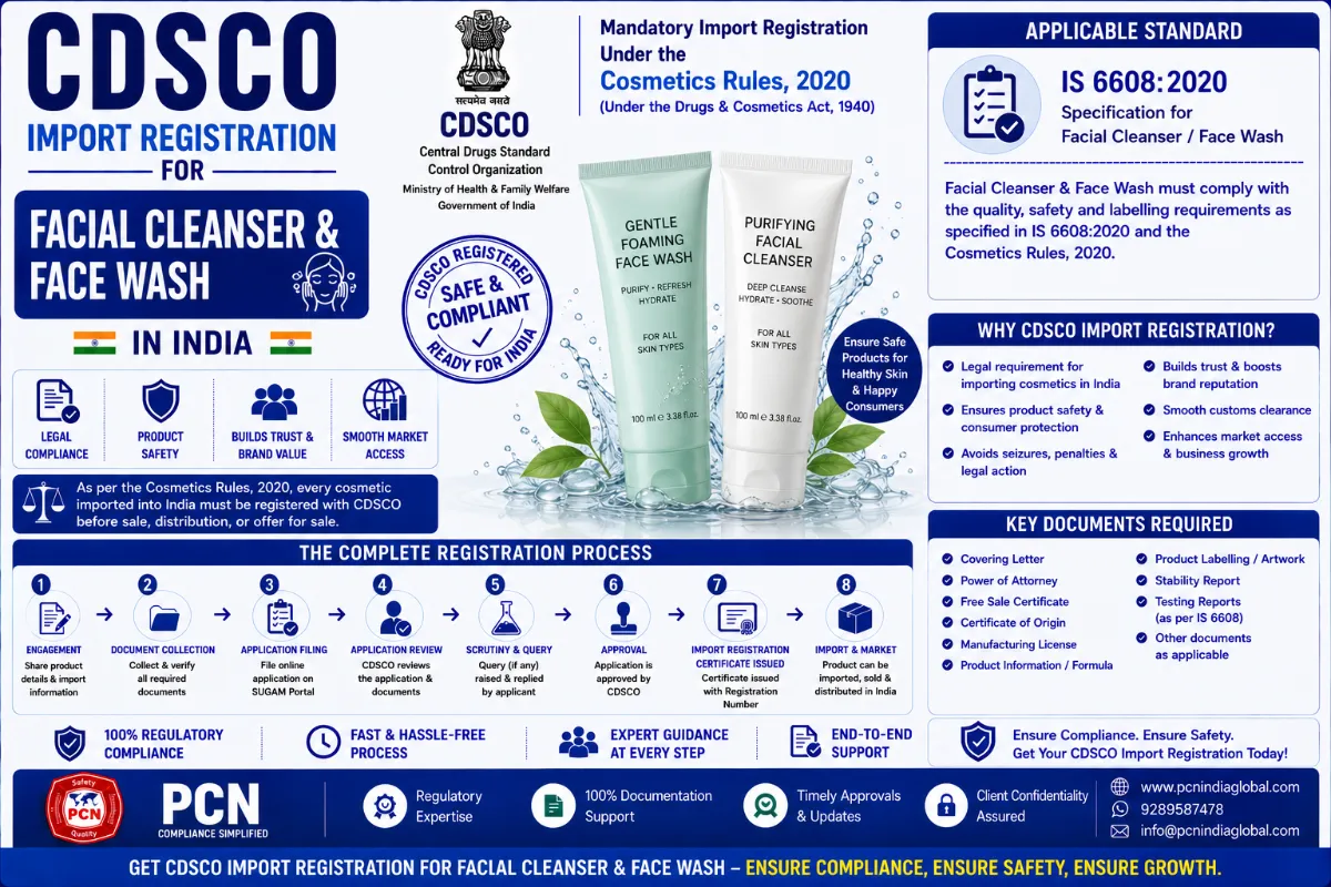 CDSCO Import Registration for Facial Cleanser & Face Wash in India: Standards, Documents and the Complete Process