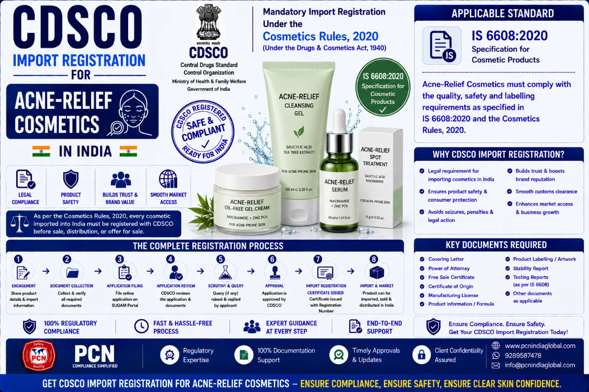 CDSCO Import Registration for Acne-Relief Cosmetics in India: IS 6608 and the Complete Process
