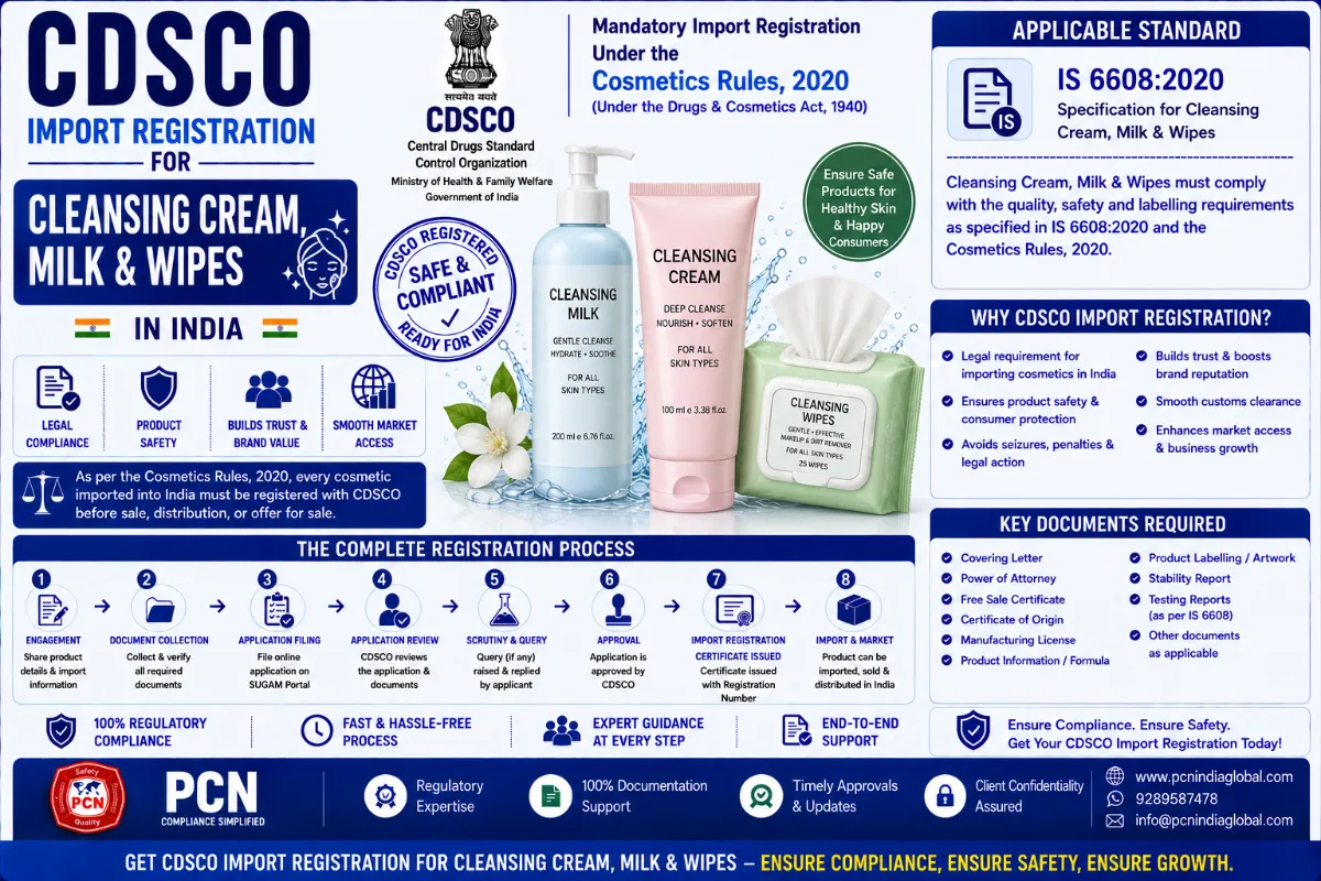 CDSCO Import Registration for Cleansing Cream, Milk & Wipes in India: Standards, Documents and the Complete Process