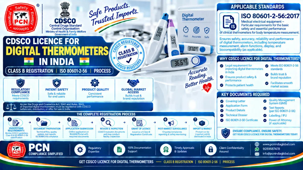 CDSCO Licence for Digital Thermometers in India: Class B Registration, ISO 80601-2-56 and Process